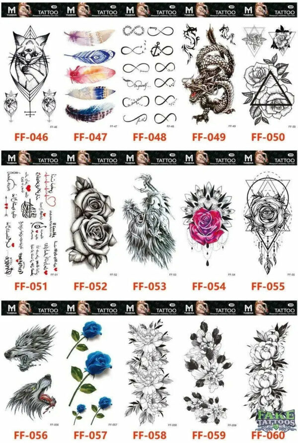 15Pcs Temporary Tattoos 3D Black Branch Rose Peony Flowers - Image 5