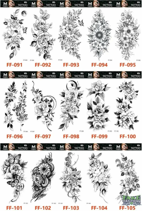 15Pcs Temporary Tattoos 3D Black Branch Rose Peony Flowers - Image 6