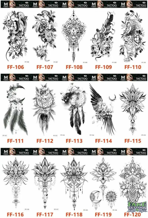 15Pcs Temporary Tattoos 3D Black Branch Rose Peony Flowers - Image 8