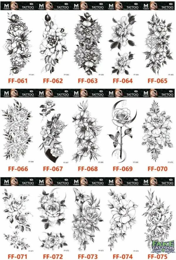 15Pcs Temporary Tattoos 3D Black Branch Rose Peony Flowers - Image 12
