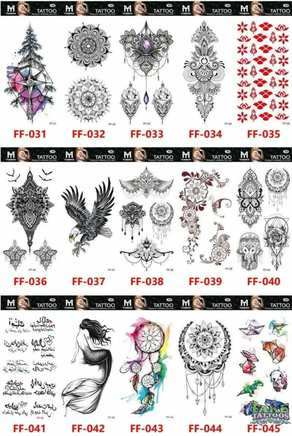 15Pcs Temporary Tattoos 3D Black Branch Rose Peony Flowers - Image 14
