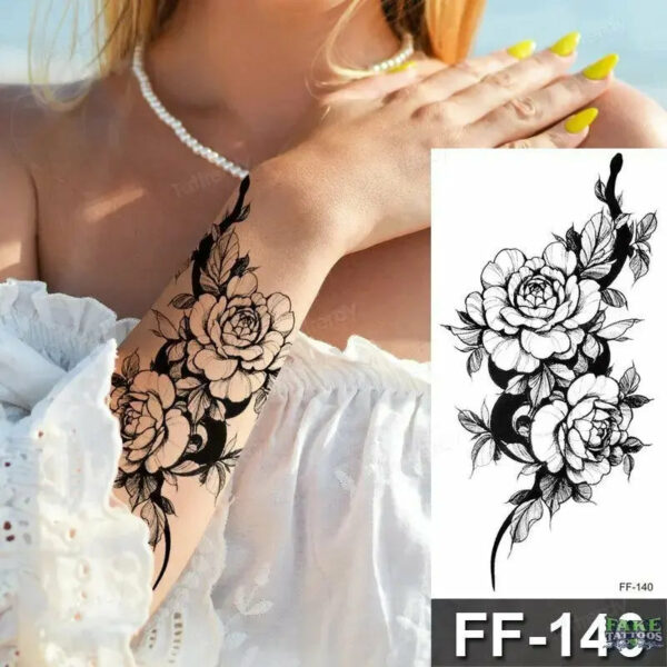 15Pcs Temporary Tattoos 3D Black Branch Rose Peony Flowers - Image 18
