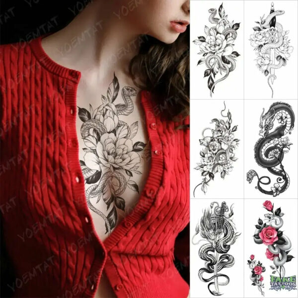 6pcs Body Art Arm Rose Henna Totem Skull Waterproof Temporary Tattoo Sticker Animal Flowers Tattoos Fake Tatoo Men Women - Image 2