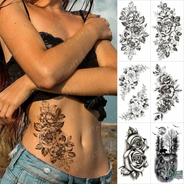 6pcs Body Art Arm Rose Henna Totem Skull Waterproof Temporary Tattoo Sticker Animal Flowers Tattoos Fake Tatoo Men Women - Image 4
