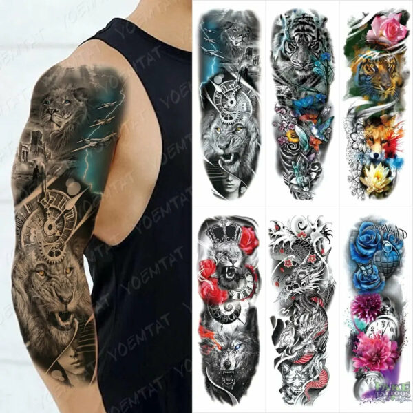 6pcs Large Arm Sleeve Tattoos Eyes Tribe Lion Waterproof Temporary Tattoo Sticker Black Clock Rose Body Art Fake Tatoo Men Women - Image 2
