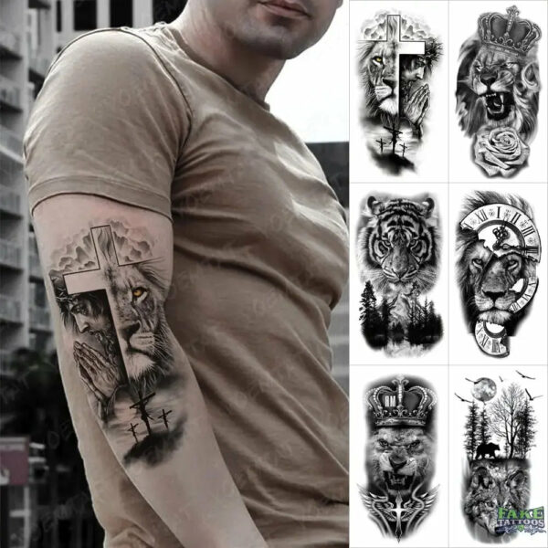 6pcs Sexy Flowers Body Art Arm Totem Lion Wolf Tiger Waterproof Temporary Tattoo Sticker Animal Tattoos Fake Tattoo Men Women - Image 4