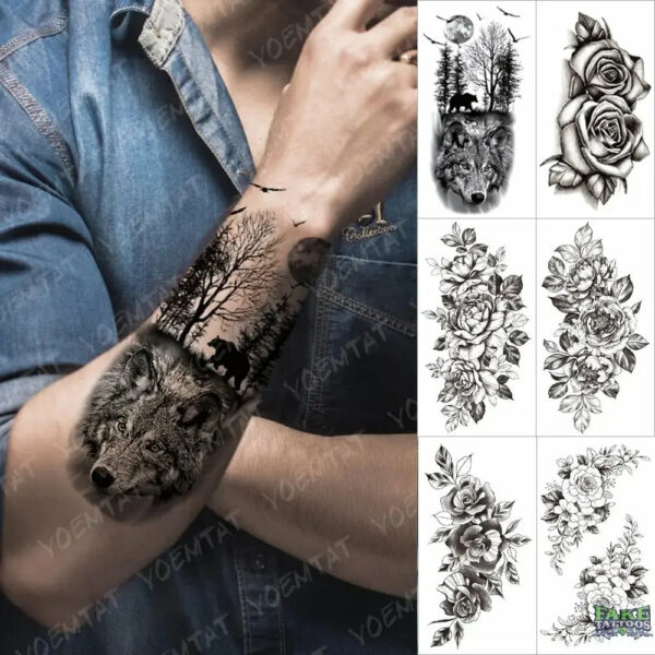 6pcs Sketch Rose Wolf Sexy Dragon FlowerWaterproof Temporary Tattoo Sticker Tattoos realistic Body Art Arm Fake Tattoo Men Women