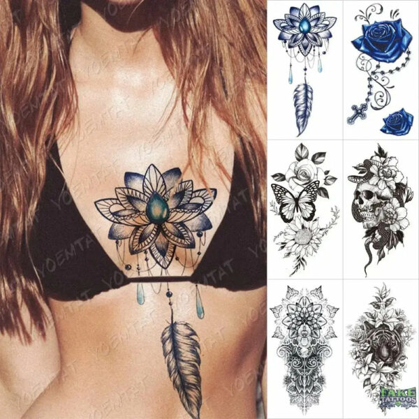 6pcs Sketch Rose Wolf Sexy Dragon FlowerWaterproof Temporary Tattoo Sticker Tattoos realistic Body Art Arm Fake Tattoo Men Women - Image 2