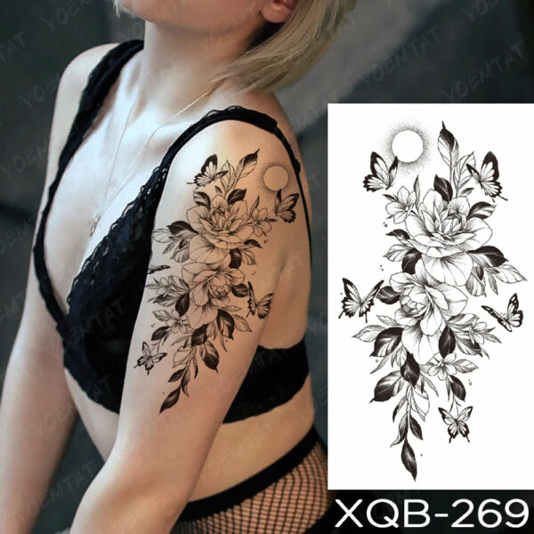 Black Flower Blooming Waterproof Temporary Tatooo Stickers Butterfly Peony Leaf Transfer Tatooos Body Art Fake Tatoo Women - Image 3
