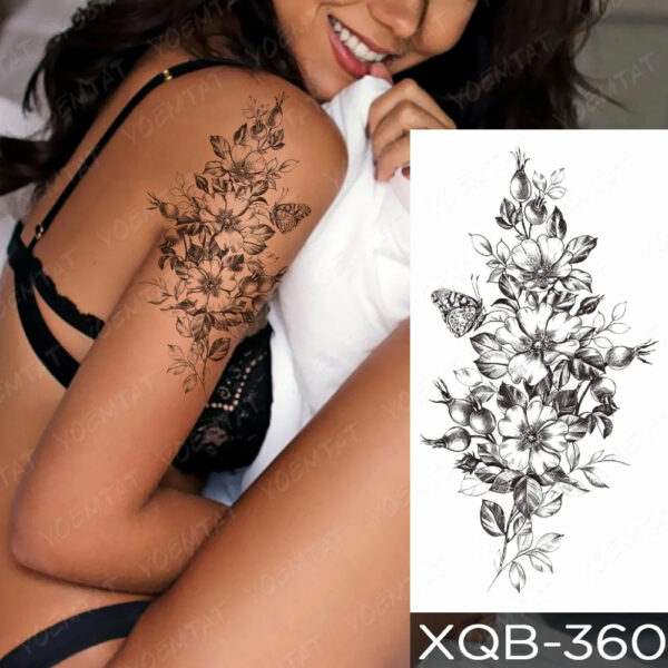 Black Flower Blooming Waterproof Temporary Tatooo Stickers Butterfly Peony Leaf Transfer Tatooos Body Art Fake Tatoo Women - Image 19
