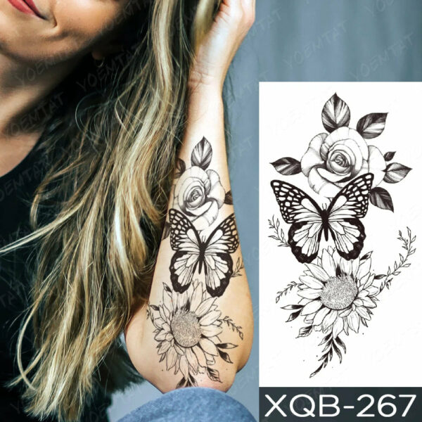 Black Flower Blooming Waterproof Temporary Tatooo Stickers Butterfly Peony Leaf Transfer Tatooos Body Art Fake Tatoo Women - Image 2