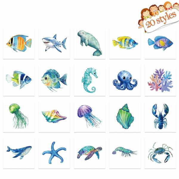 20Pcs/set Cartoon Animal Tattoo Stickers Funny Ocean Fish Tattoo For Kids Birthday Gift Fake Children Body Art Tattoos Toy - Image 7