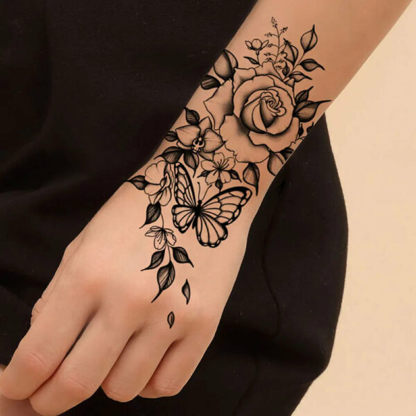 Black Flower Temporary Tattoos for Women Waterproof Realistic Floral Tattoo Stickers for Hand Arm Body Disposable Fake Tattoo - Image 2