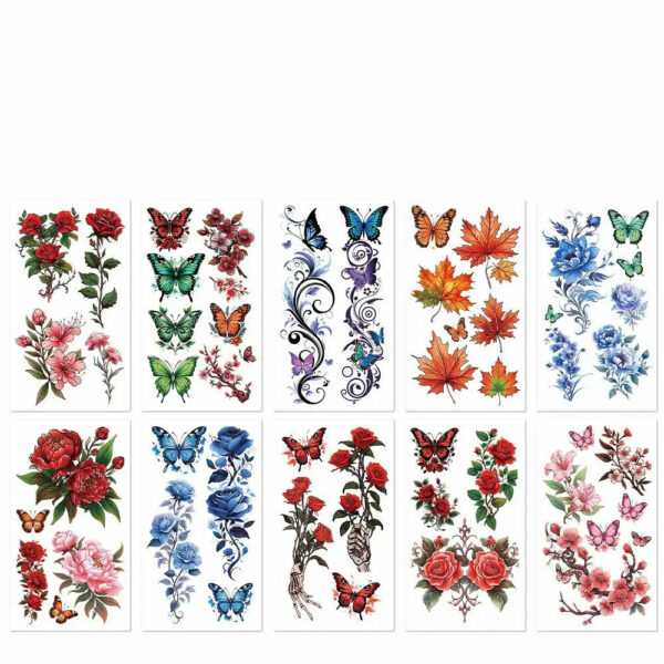 10Pcs/set Colorful Flowers Temporary Tattoo Sticker Waterproof Rose Maple Leaf Art Tattoo Sticker Decoration Party Gift - Image 3
