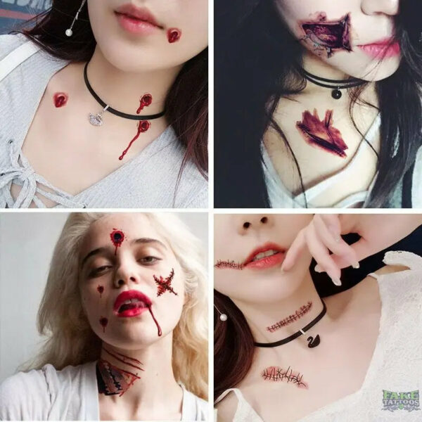 30pcs/lot halloween face tattoo sticker zombie scars tattoos with fake scab blood temporary tattoos stars transfer tatoo sets - Image 12
